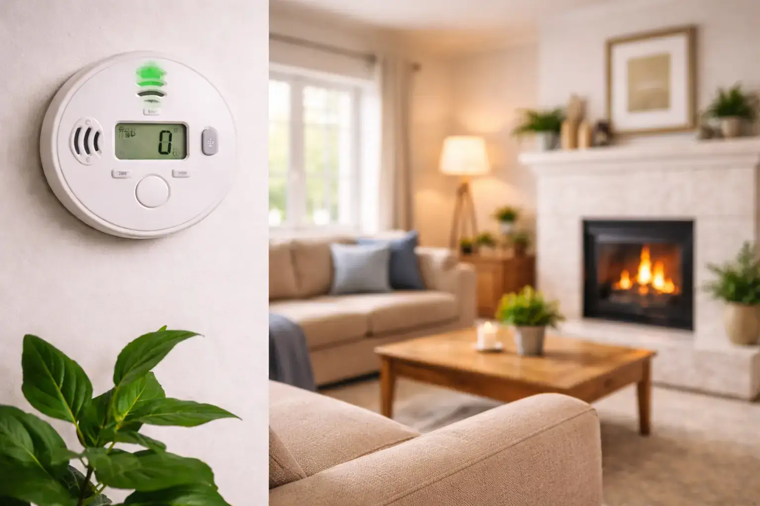 Carbon monoxide detector installed in a living room to ensure indoor air safety and home protection.