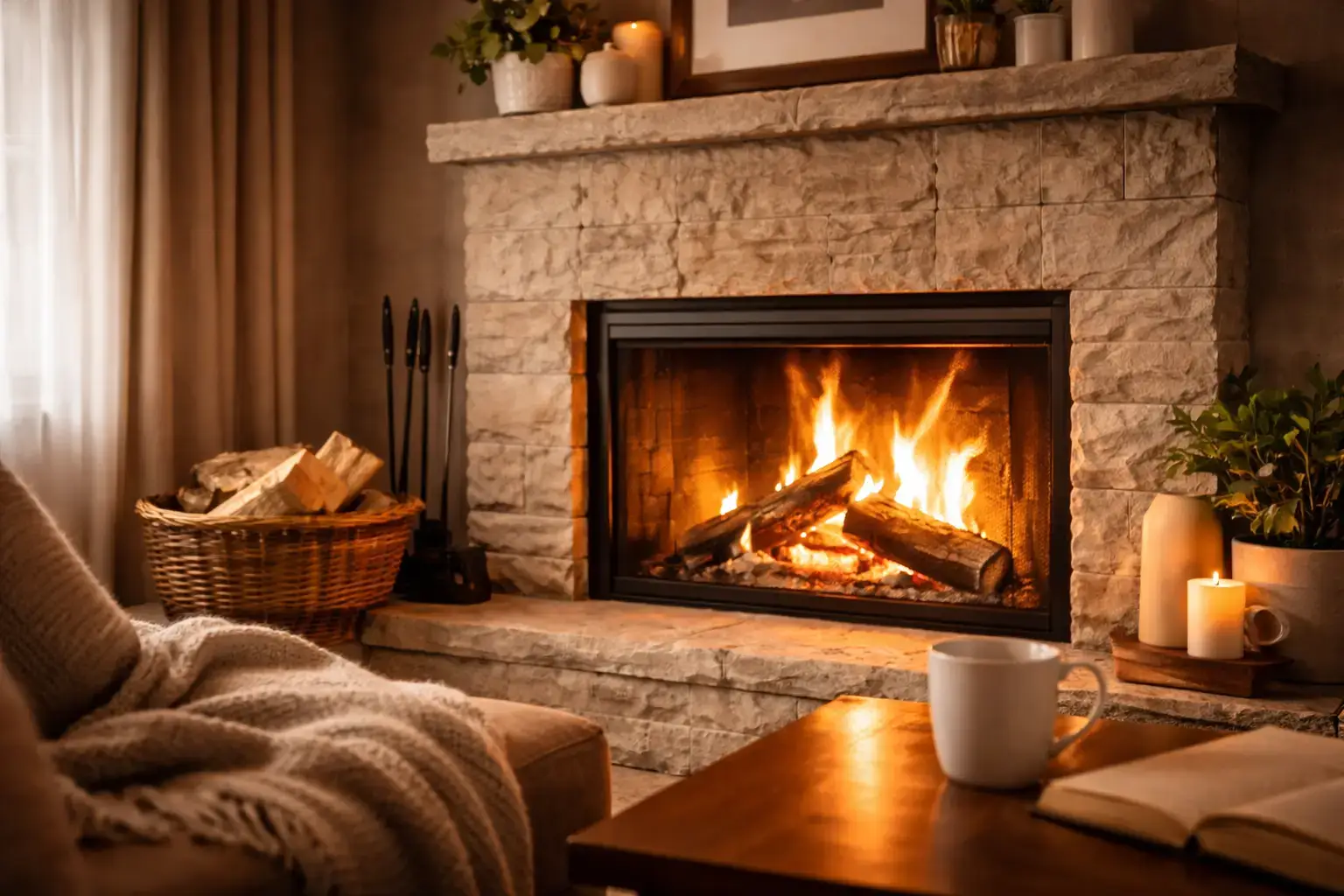 Wood Burning Fireplace Cozy Living Room Fire