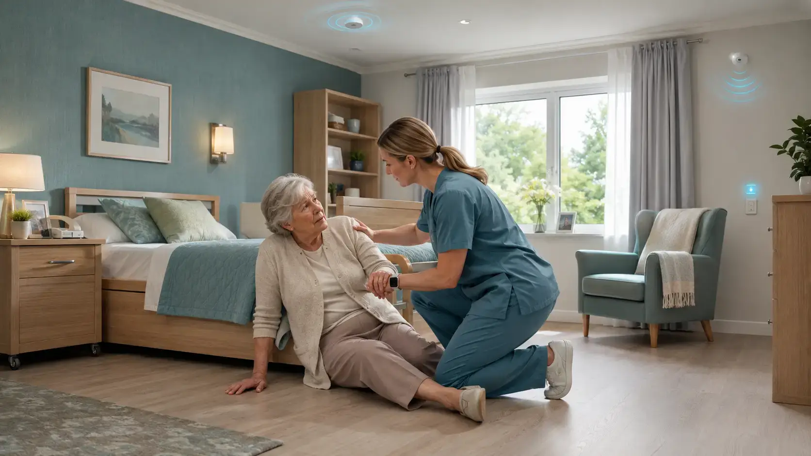 Caregiver assisting an elderly resident after a fall