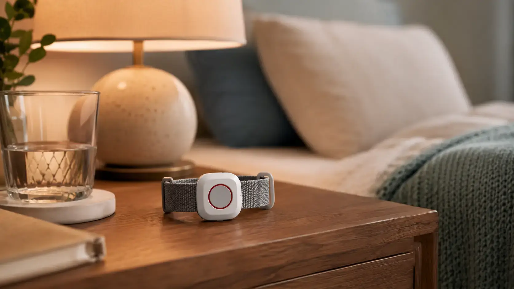 Fall detection bracelet on a bedside table