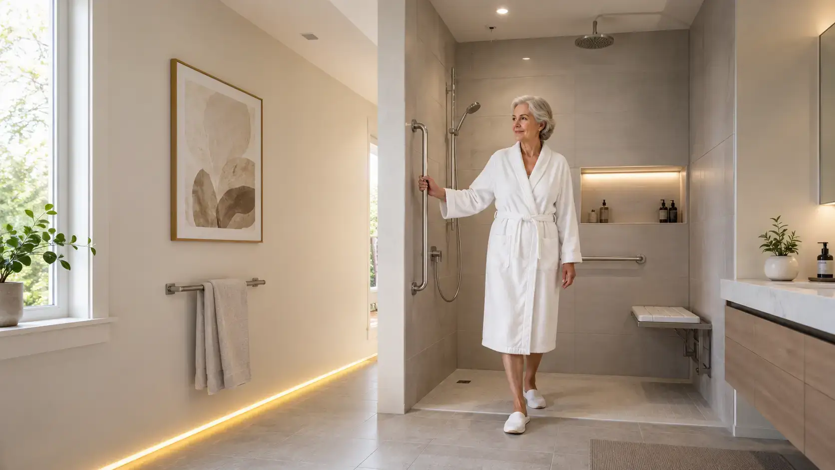 Independent older adult in a safer bathroom