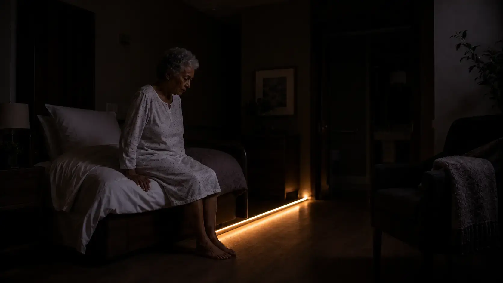 Safe nighttime bed exit detection care facility