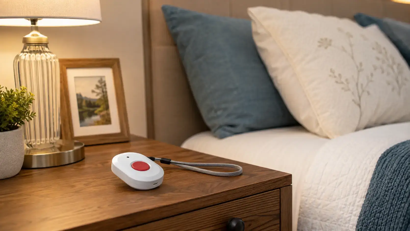 Emergency call button for seniors on a bedside table