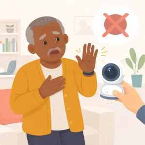 Elderly man refusing home surveillance camera